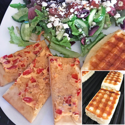 Grilled Halloumi with Roasted Red Pepper and Feta Flatbread  