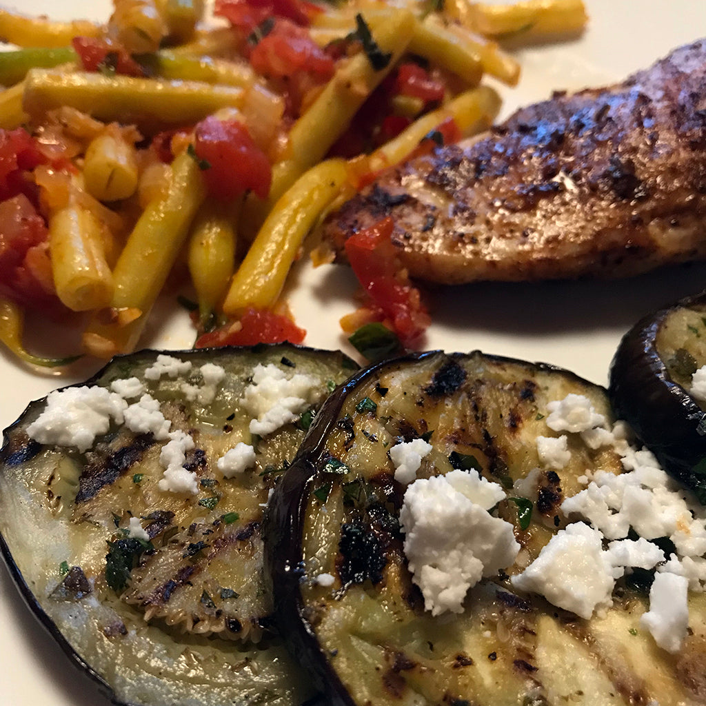 Yellow Beans with Tomatoes and Grilled Eggplant with Feta