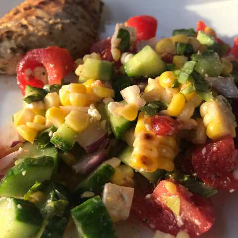 Lemon Mint Chicken with Grilled Corn, Cucumber and Tomato Salad