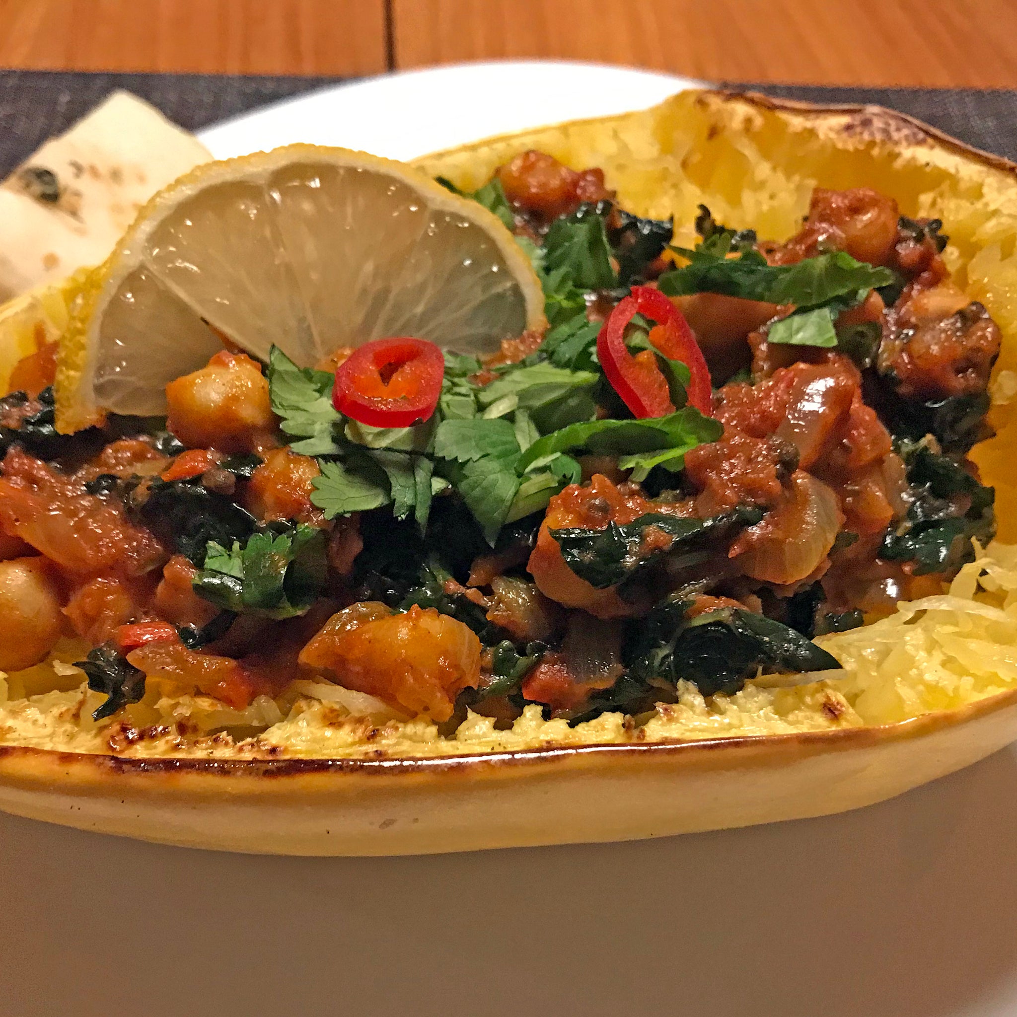 Chickpea Kale Curry Stuffed Spaghetti Squash