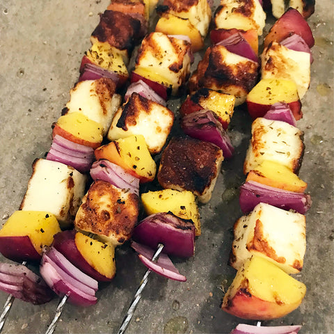 Halloumi and Peach Skewers